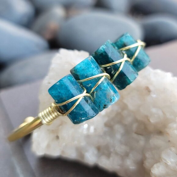 Blue Apatite Triple-Stone Wire Wrap Cuff w/ 14Kt Gold Over Copper – NWT Handmade - Picture 5 of 9